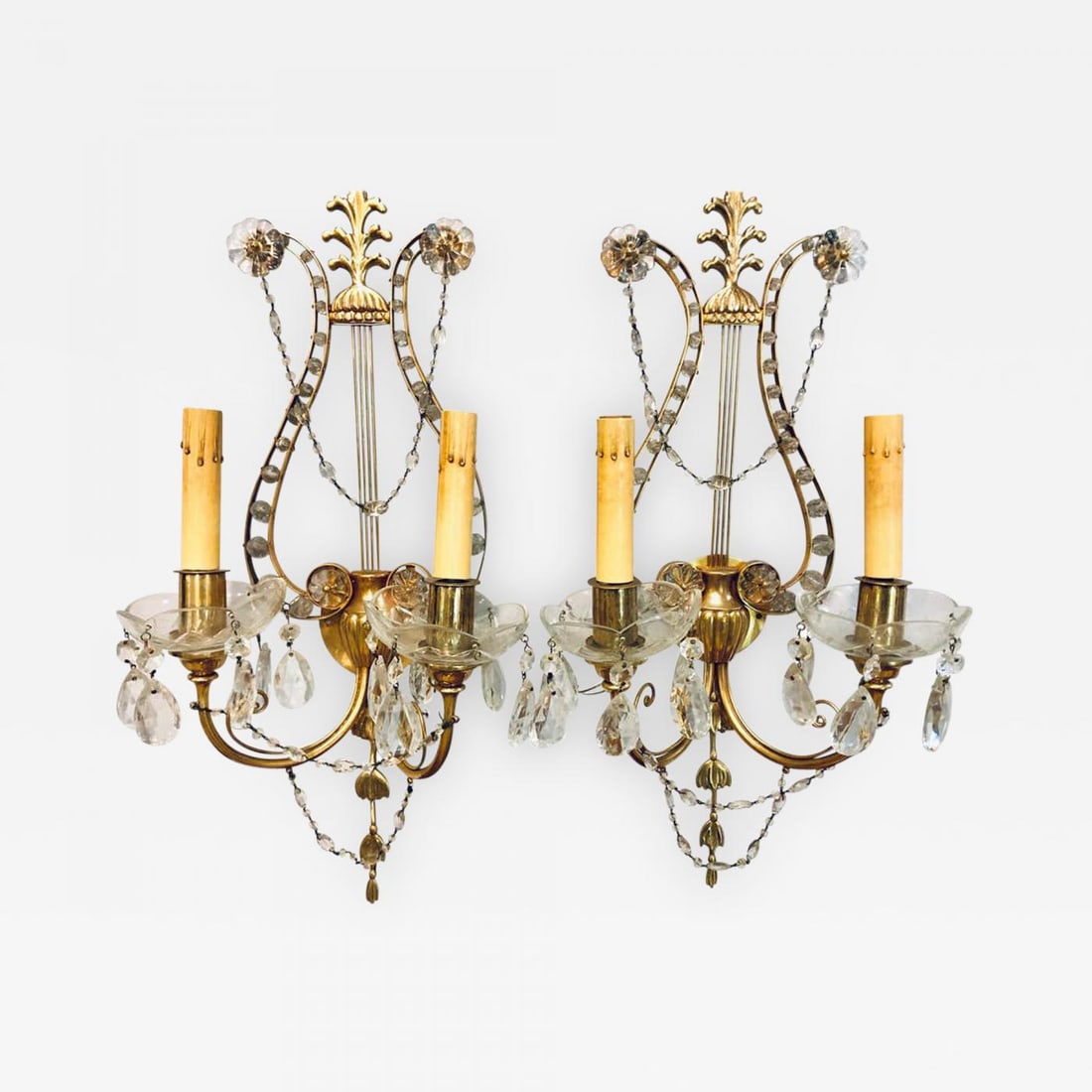 Pair of Bagues Louis XVI Style Lyre Back Crystal and Brass 2 Light Wall Sconces - 2