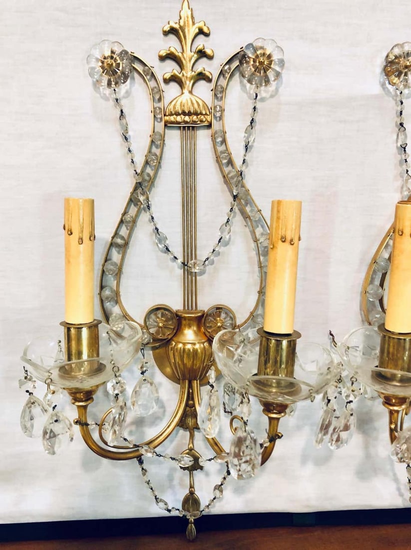 Pair of Bagues Louis XVI Style Lyre Back Crystal and Brass 2 Light Wall Sconces - 4