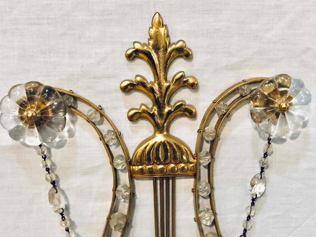 Pair of Bagues Louis XVI Style Lyre Back Crystal and Brass 2 Light Wall Sconces - 7