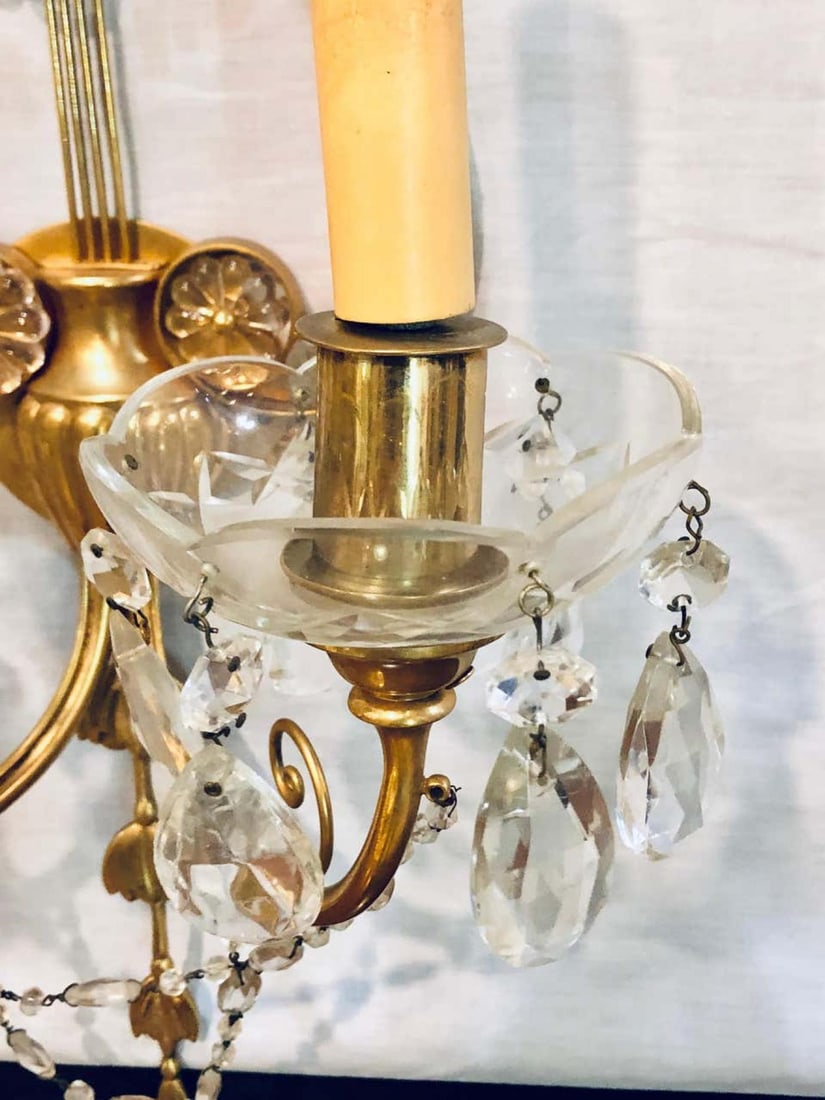Pair of Bagues Louis XVI Style Lyre Back Crystal and Brass 2 Light Wall Sconces - 9