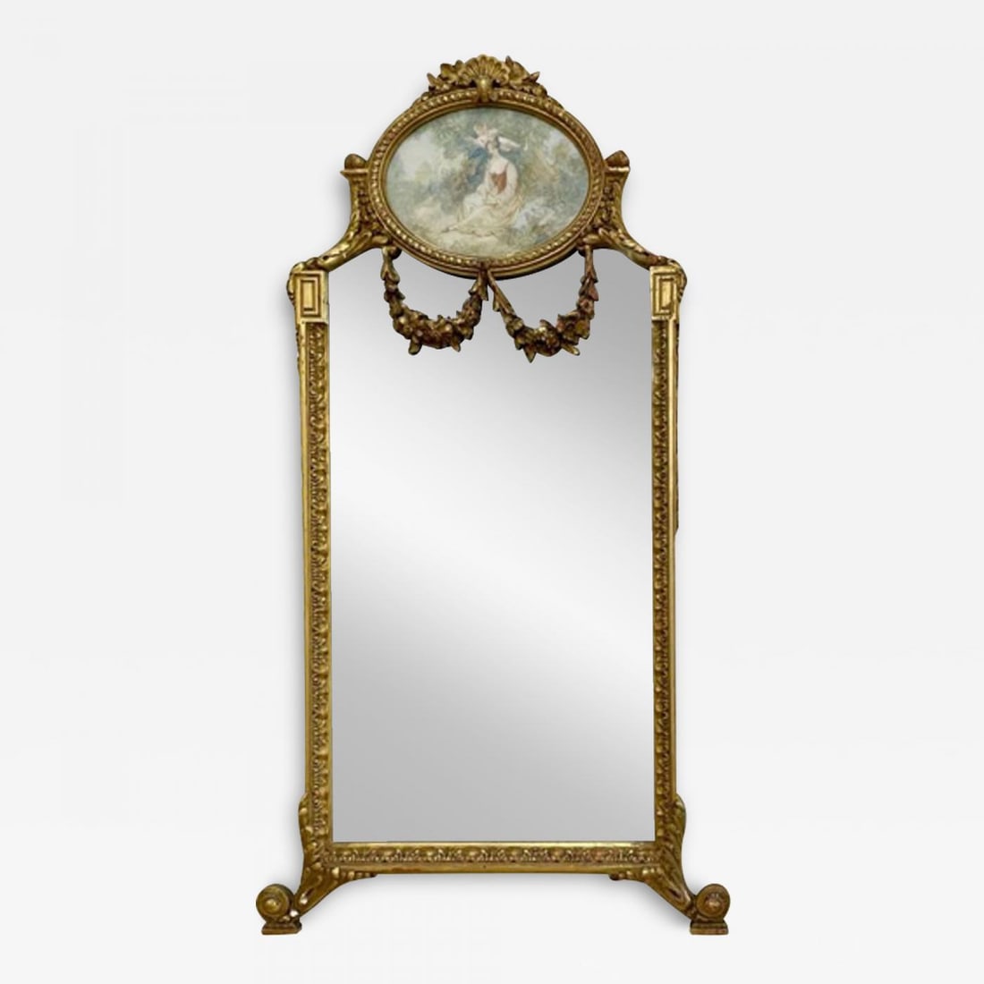 French Neoclassical Style Giltwood Wall / Console Mirror with Oval Artwork (1 of 12)