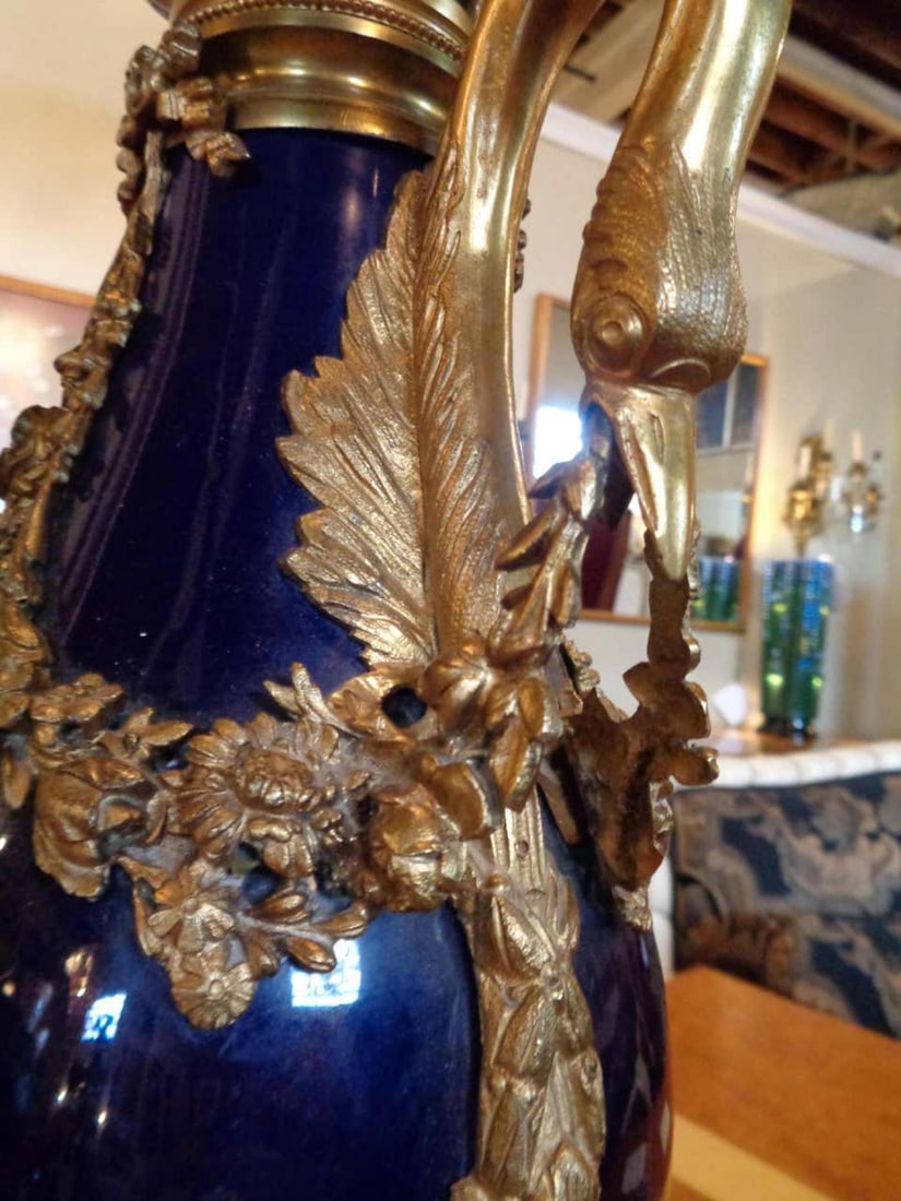 Sevres Style Cobalt Blue Porcelain & Bronze Swan Handle Urn Mounted as a Lamp - 10