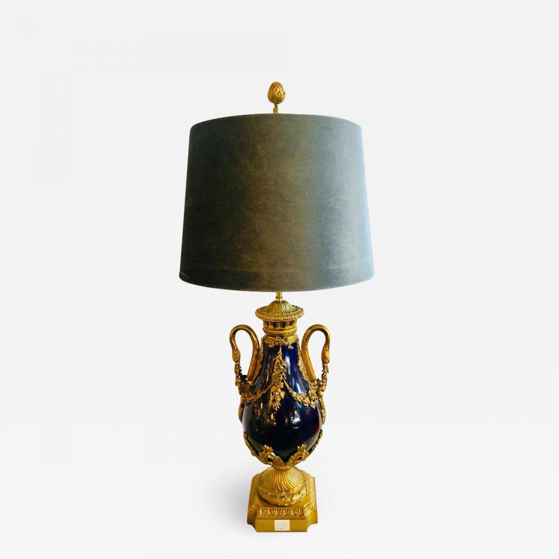 Sevres Style Cobalt Blue Porcelain & Bronze Swan Handle Urn Mounted as a Lamp (1 of 10)