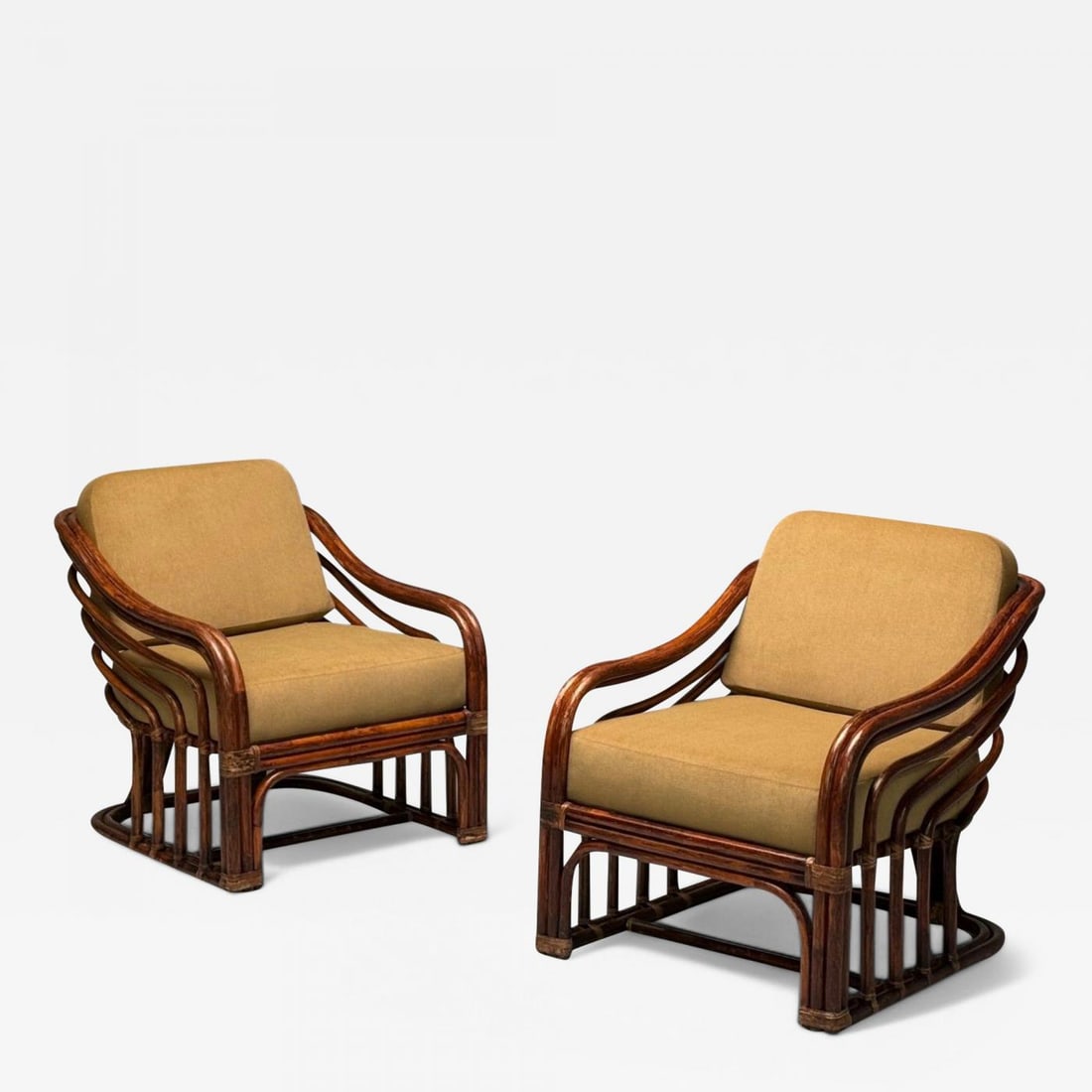 Brown Jordan, Mid-Century Modern, Bamboo, Camel Fabric, Lounge Chairs, 1960s - 2