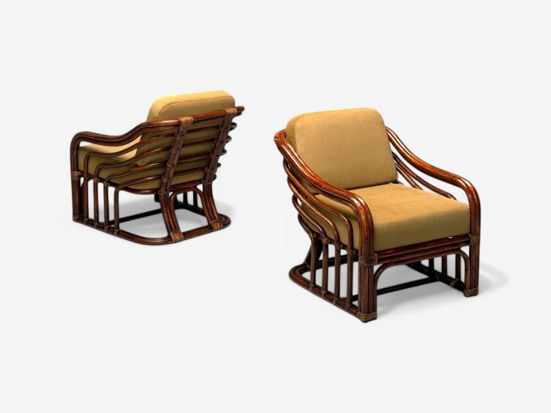 Brown Jordan, Mid-Century Modern, Bamboo, Camel Fabric, Lounge Chairs, 1960s - 7