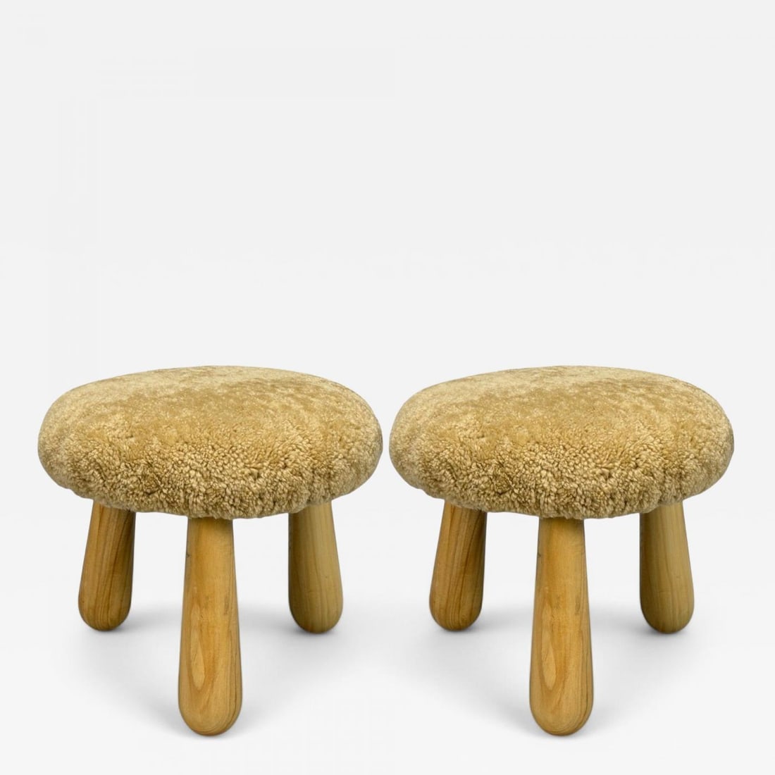 Danish Modern Style, Honey Sheepskin, Maple, Shearling Footstools, 21st C. - 2