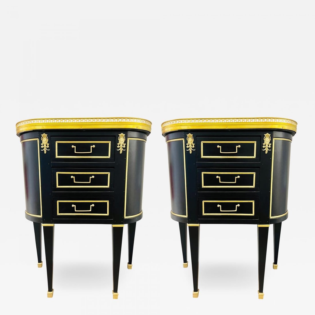 Pair of Jansen Inspired Marble-Top Galleried Ebonized End Tables / Nightstands - 2