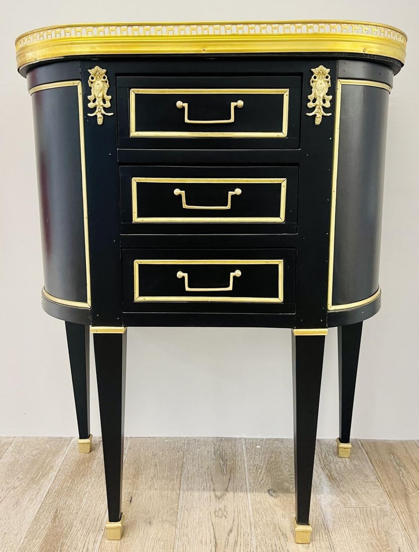 Pair of Jansen Inspired Marble-Top Galleried Ebonized End Tables / Nightstands - 3