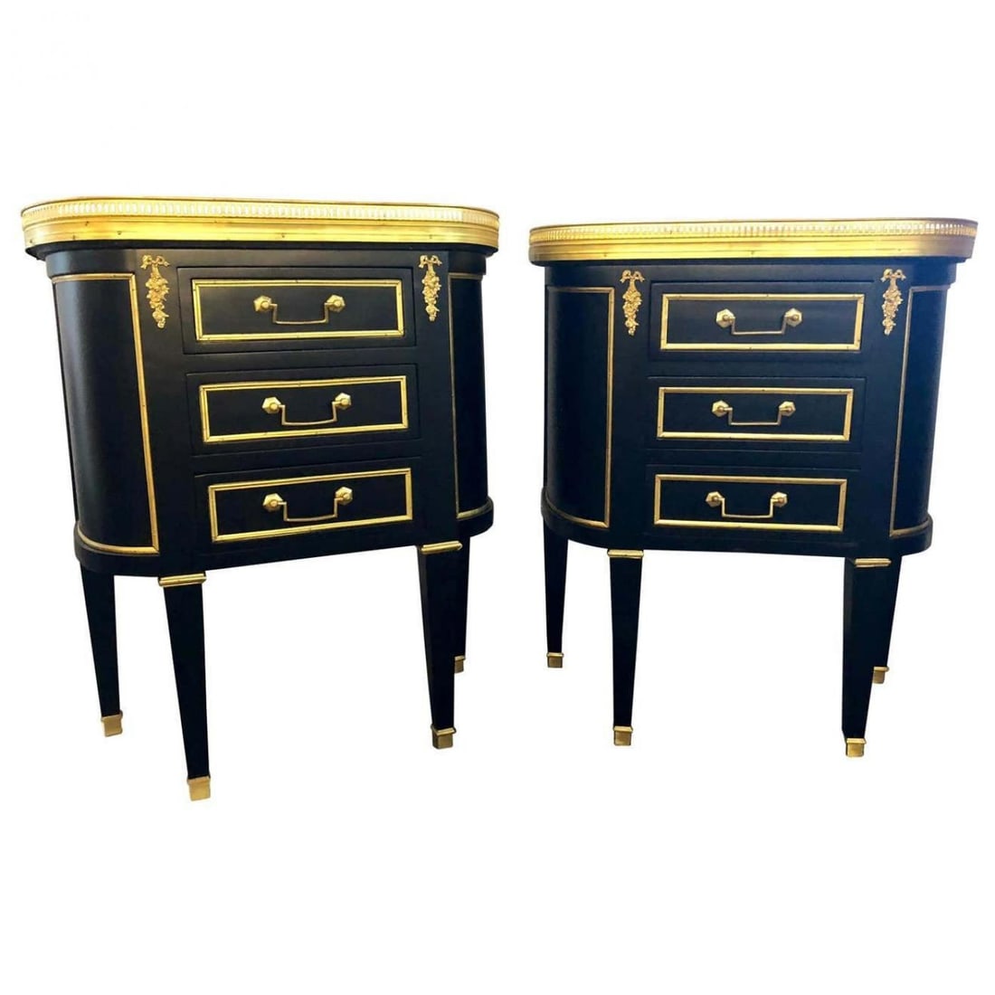 Pair of Jansen Inspired Marble-Top Galleried Ebonized End Tables / Nightstands - 4