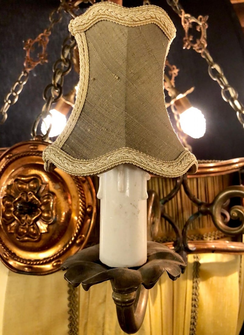 Palatial Light Fixture in Copper, Brass and Iron with Silk Dome Shade - 13