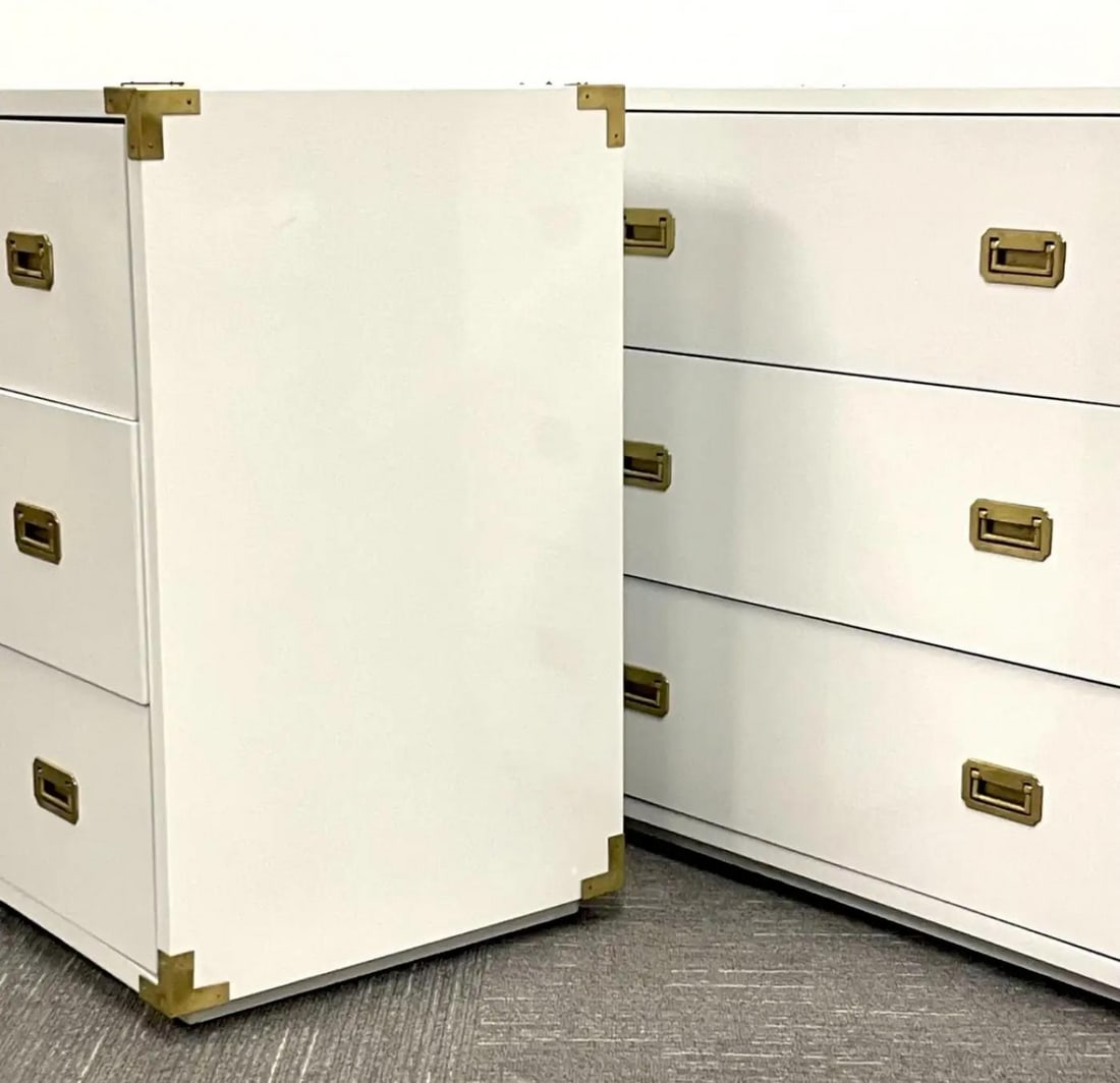 Pair Hollywood Regency Campaign Cabinets, Commodes, Nightstands, White Lacquer - 10