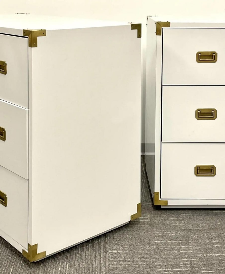 Pair Hollywood Regency Campaign Cabinets, Commodes, Nightstands, White Lacquer - 12