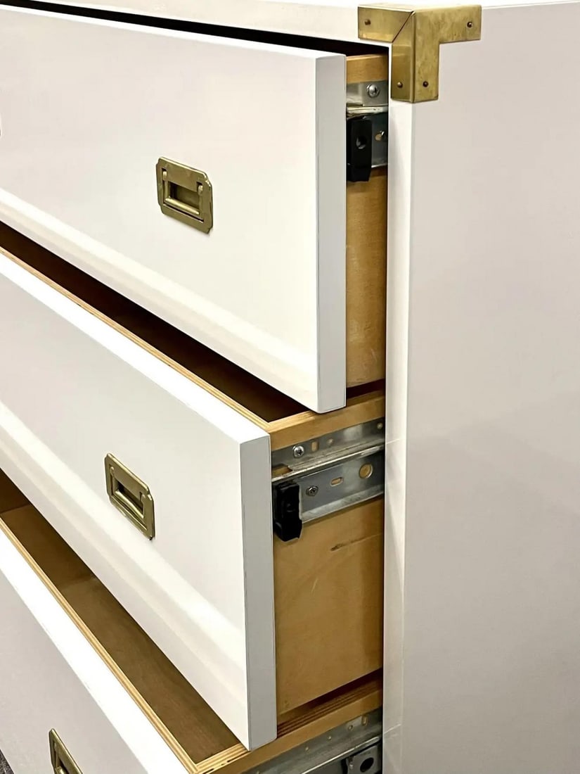 Pair Hollywood Regency Campaign Cabinets, Commodes, Nightstands, White Lacquer - 5