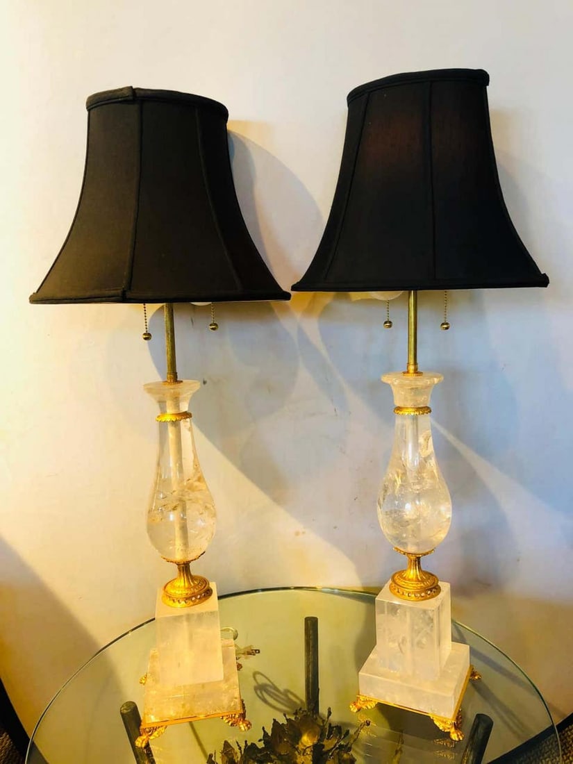 Pair of Art Deco Style Large Rock Crystal and Brass Urn on Base Form Table Lamps - 12
