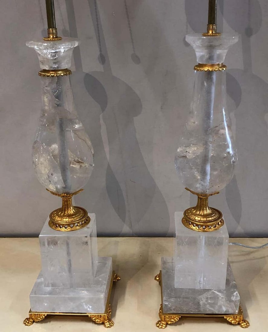 Pair of Art Deco Style Large Rock Crystal and Brass Urn on Base Form Table Lamps - 3