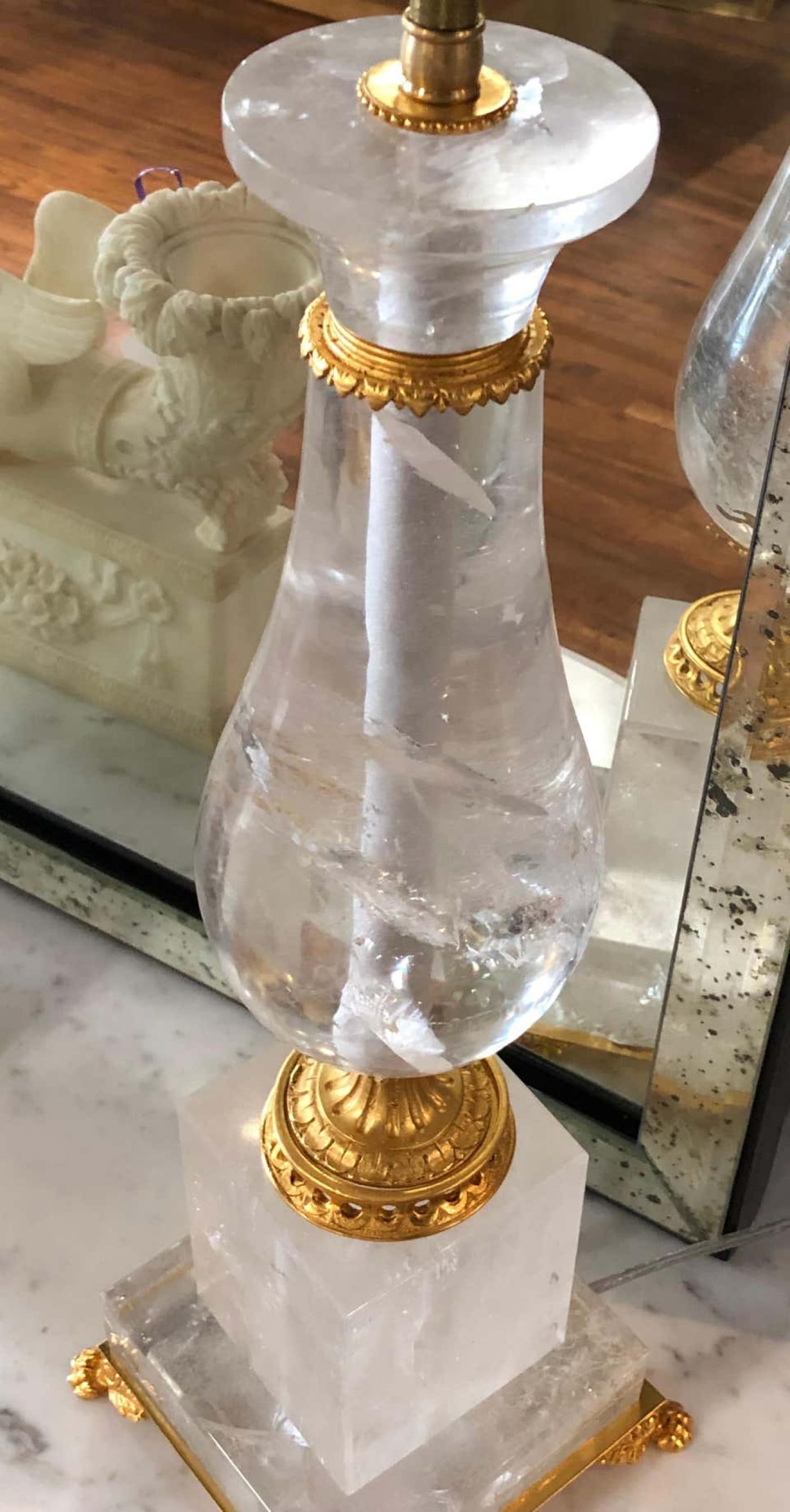 Pair of Art Deco Style Large Rock Crystal and Brass Urn on Base Form Table Lamps - 5