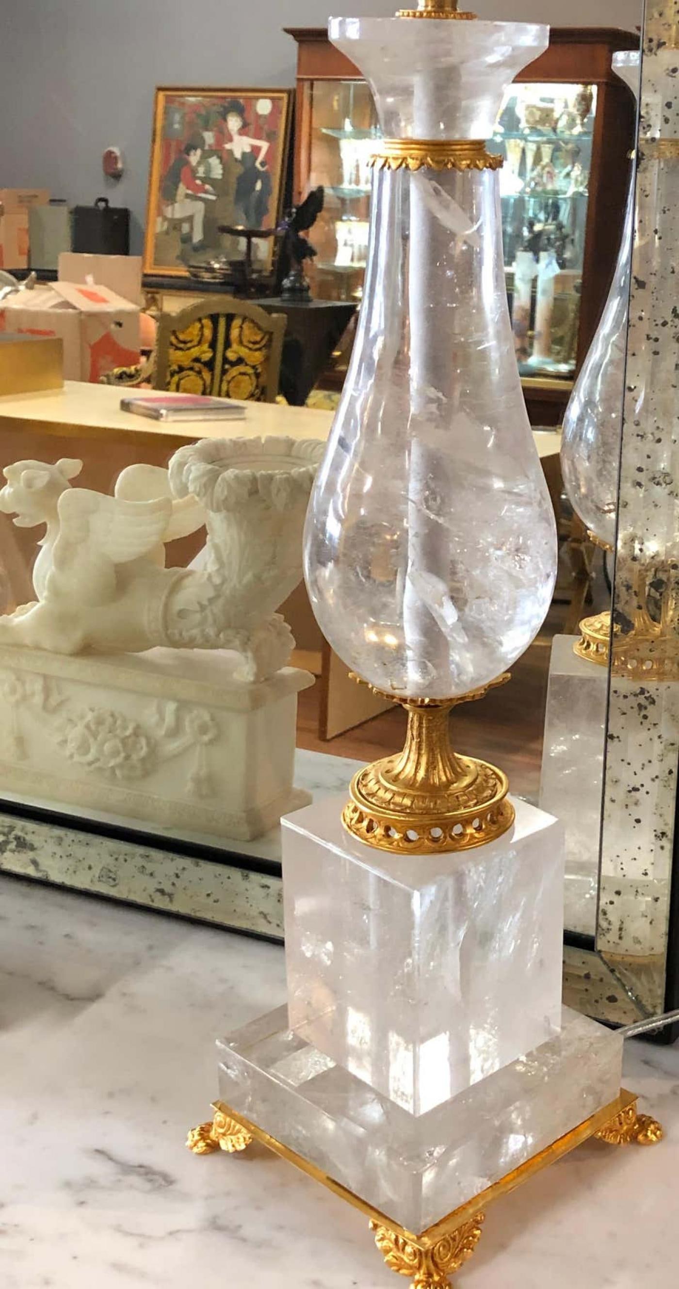 Pair of Art Deco Style Large Rock Crystal and Brass Urn on Base Form Table Lamps - 6