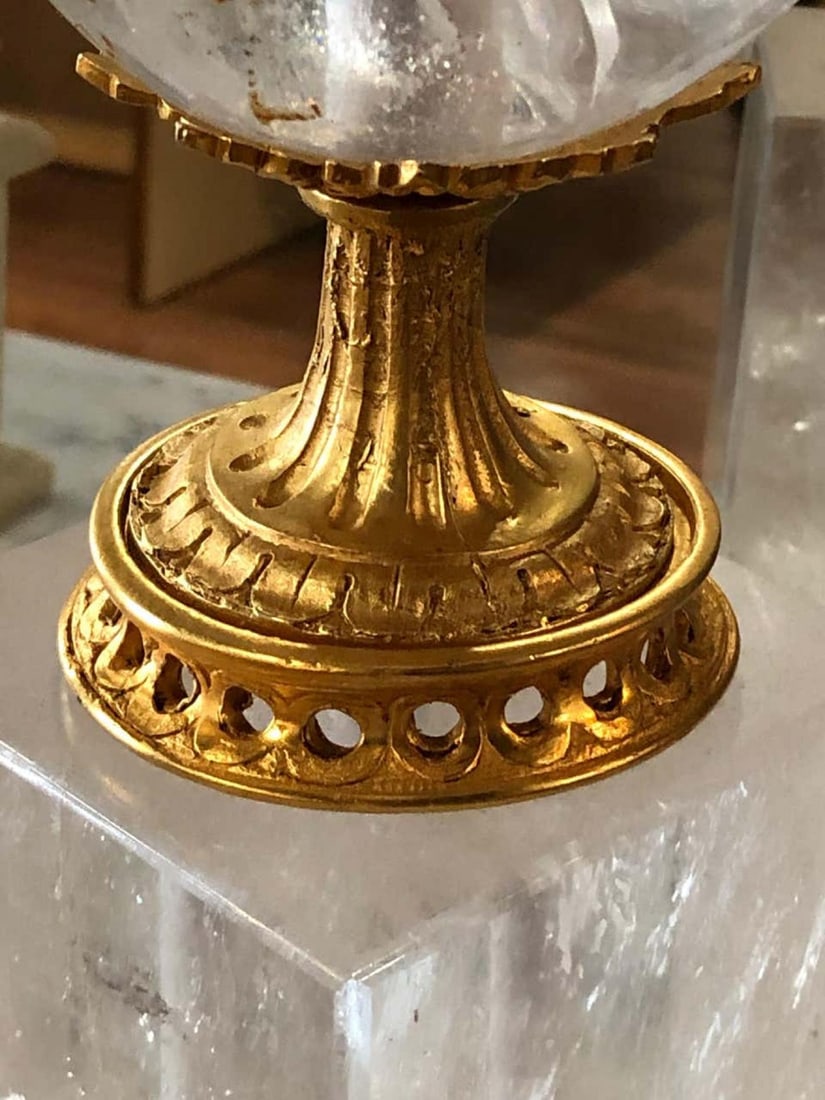 Pair of Art Deco Style Large Rock Crystal and Brass Urn on Base Form Table Lamps - 9