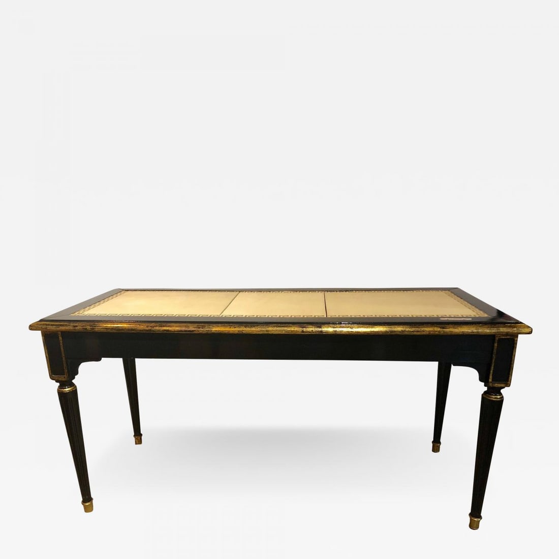 Ebonized Jansen Style Coffee Table with a Greek Key Design and Leather Top - 2