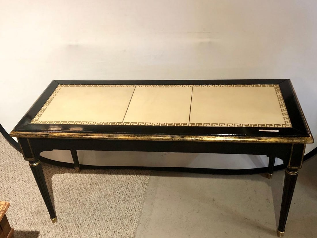 Ebonized Jansen Style Coffee Table with a Greek Key Design and Leather Top - 4