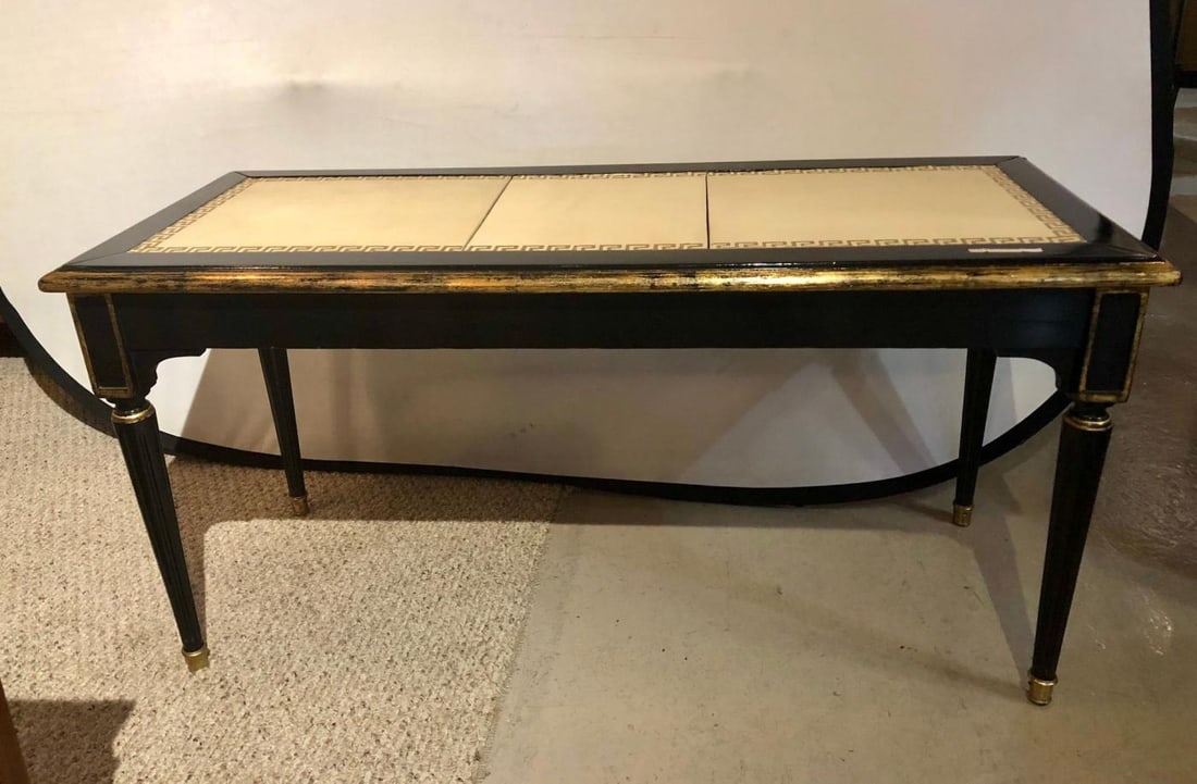 Ebonized Jansen Style Coffee Table with a Greek Key Design and Leather Top - 5