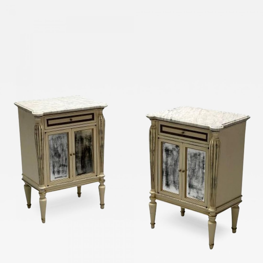 Maison Jansen, Hollywood Regency, Side Table Cabinets, Distressed Mirror, Marble - 2