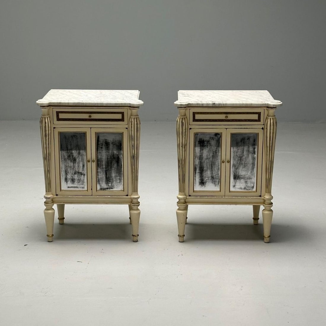 Maison Jansen, Hollywood Regency, Side Table Cabinets, Distressed Mirror, Marble - 3