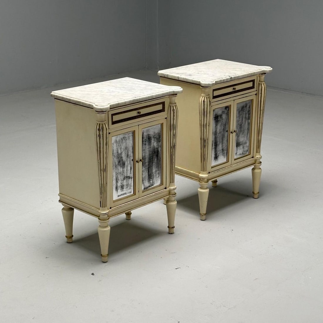 Maison Jansen, Hollywood Regency, Side Table Cabinets, Distressed Mirror, Marble - 5