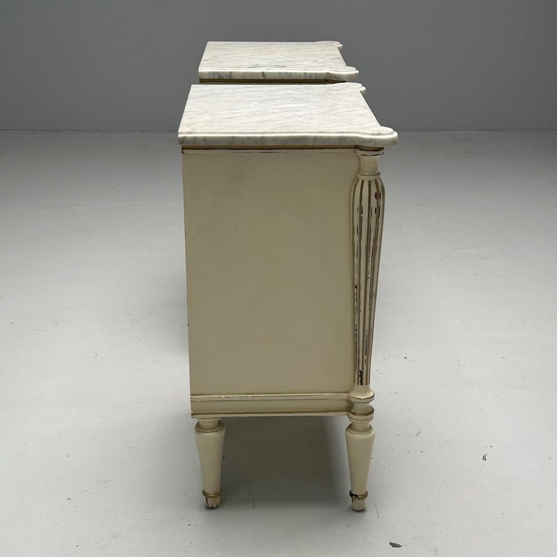 Maison Jansen, Hollywood Regency, Side Table Cabinets, Distressed Mirror, Marble - 8