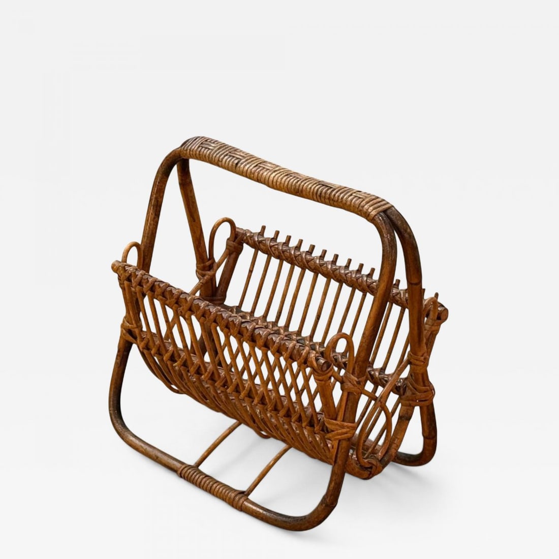Italian Modern, Rattan, Bamboo, Cane, Magazine Rack, Italy, 1960s: Italian Modern, Rattan, Bamboo, Cane, Magazine Rack, Italy, 1960s A modernist rush, rattan, and debarked wood magazine rack designed and produced in Italy in the second half of the 20th century. Ratta