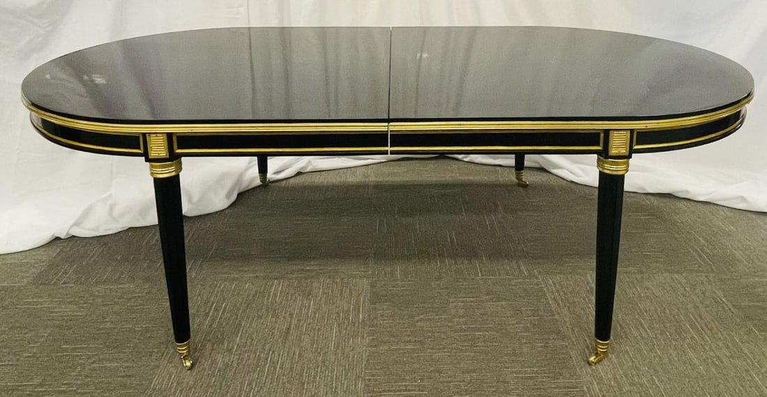 Dining Table, Louis XVI Maison Jansen Style, Black Lacquer, 15 Feet, Refinished - 4