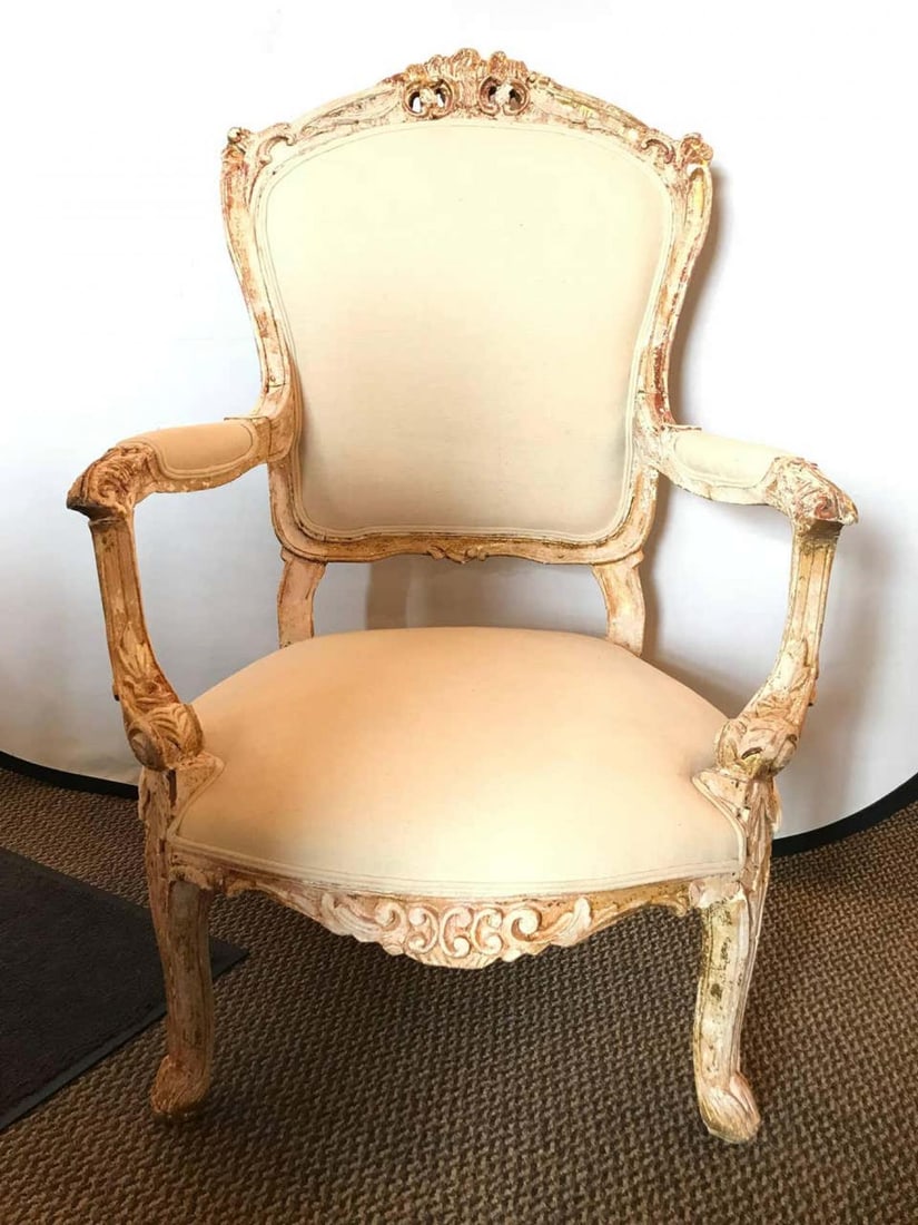 Pair of Antique Louis XV Style Armchairs in Painted Distressed Frames - 12