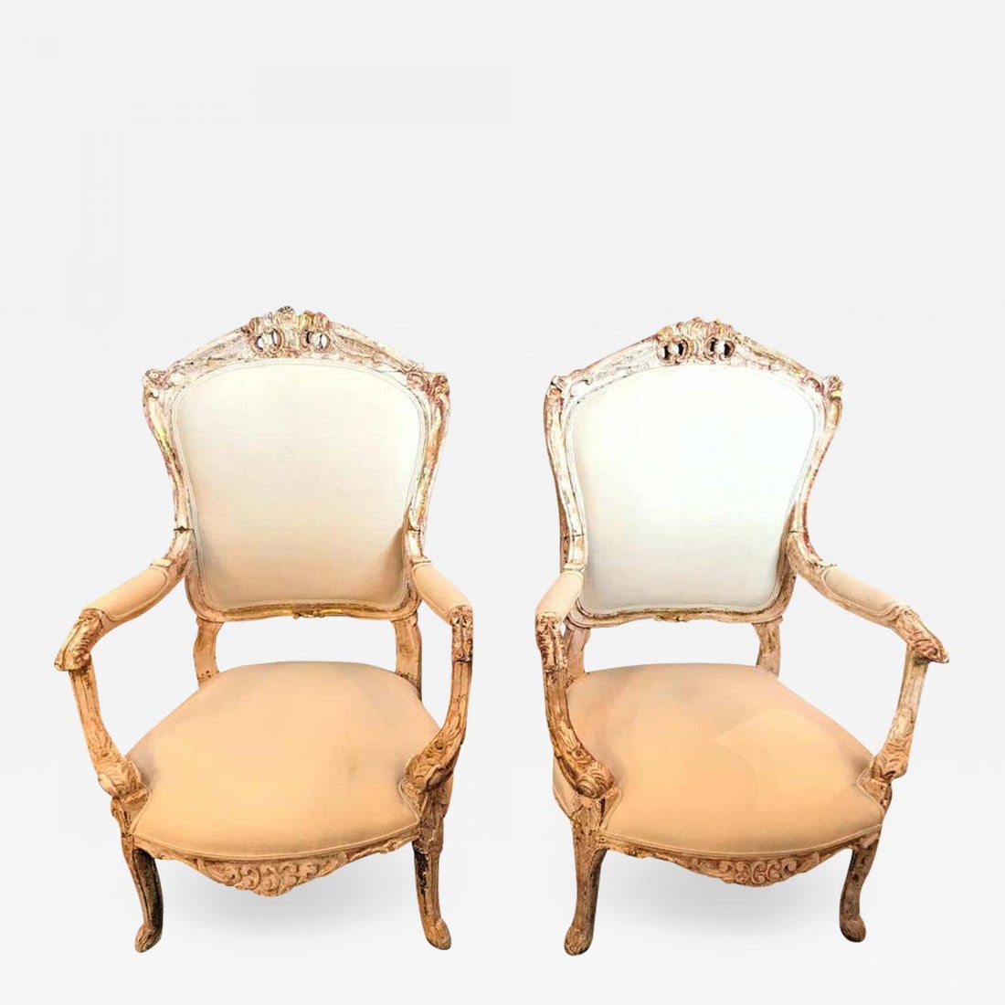 Pair of Antique Louis XV Style Armchairs in Painted Distressed Frames - 2