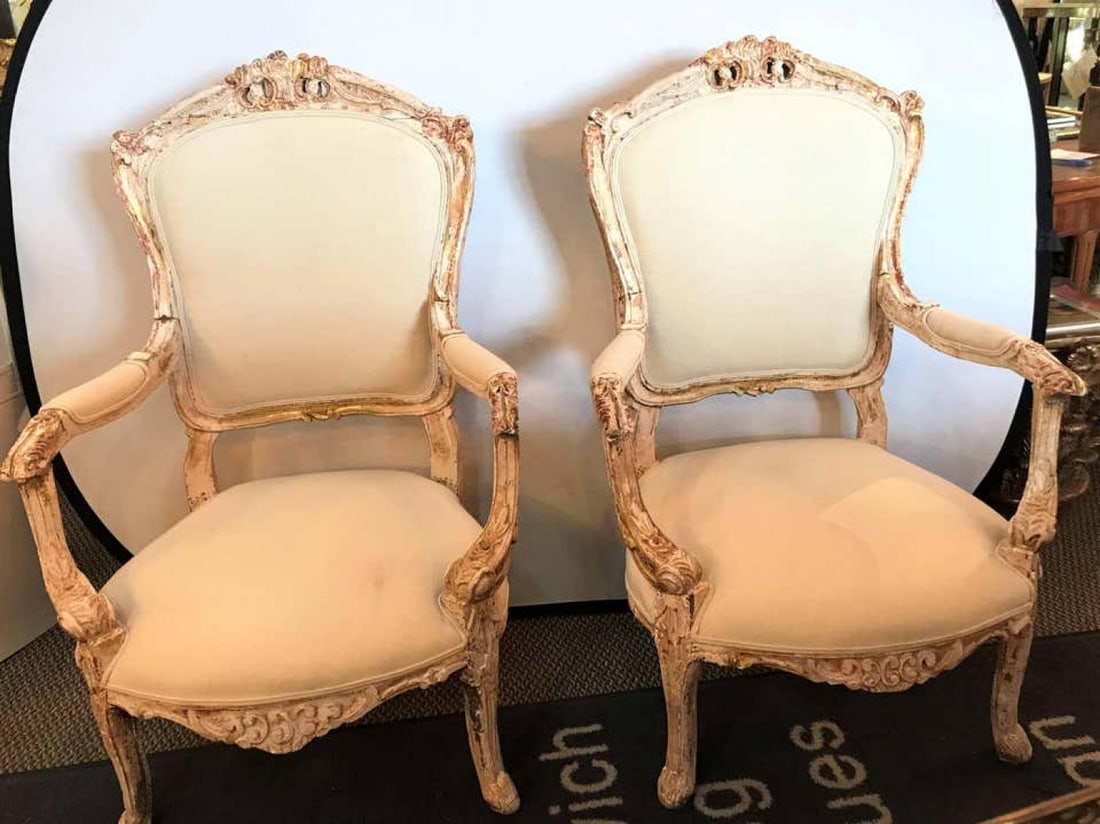 Pair of Antique Louis XV Style Armchairs in Painted Distressed Frames - 4