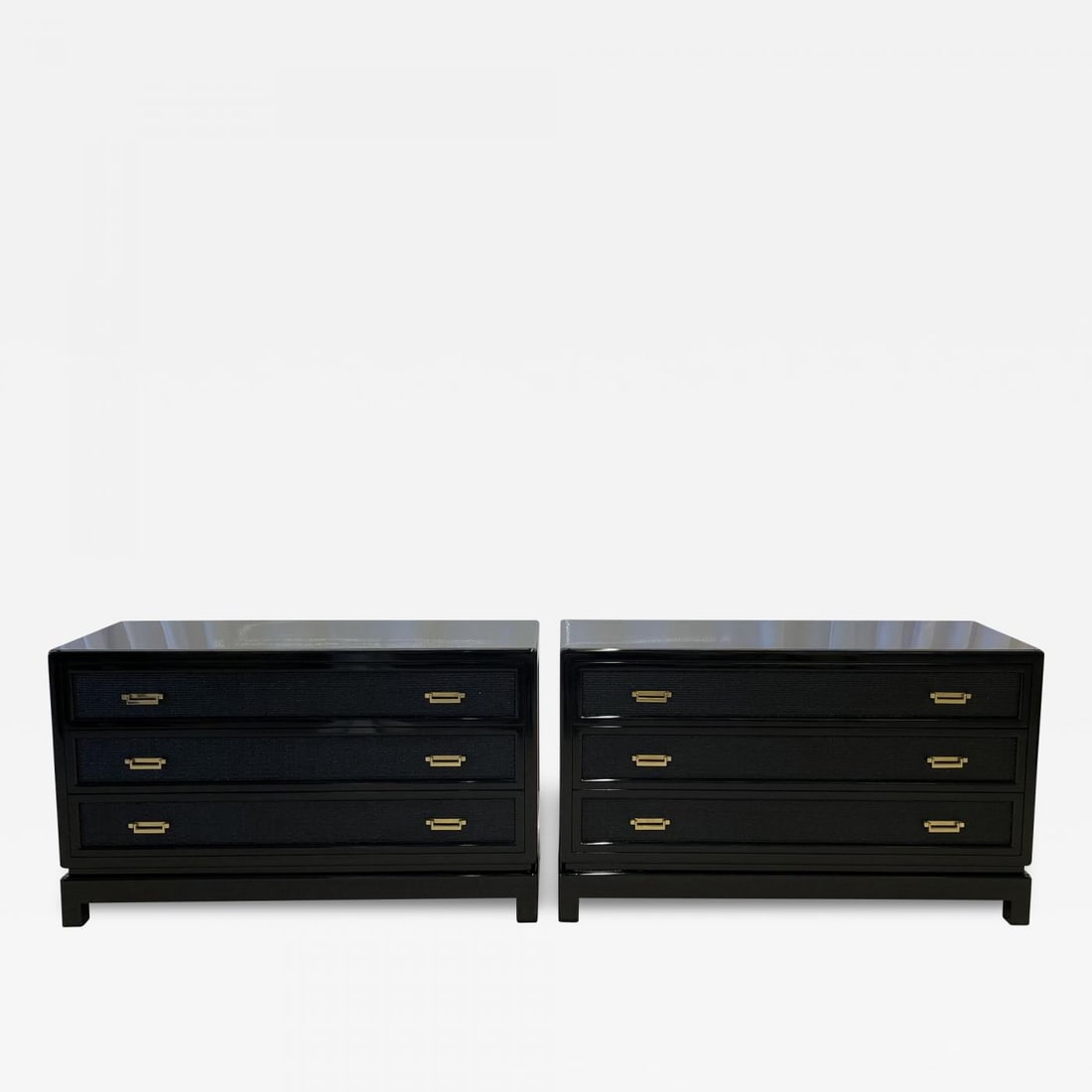 Pair of Mid-Century Modern Cabinets, Chests, Nightstands, Karl Springer Style: Pair of Mid-Century Modern Cabinets, Chests, Nightstands, Karl Springer Style Pair of Nightstands or Chests in the Manner of Karl Springer, having a black lacquer and rattan finish. The base giving a