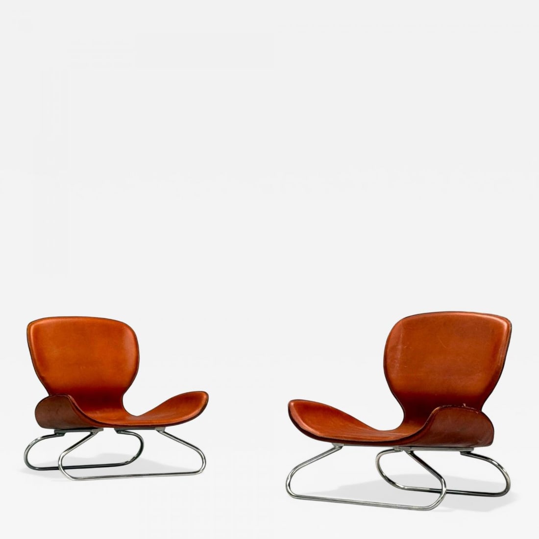 KOI, Modern, Cognac Leather, Nickel, K-3 Low Lounge Chairs, England, 2000s - 2