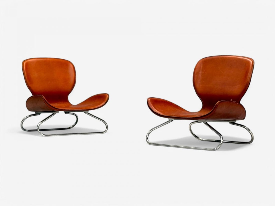 KOI, Modern, Cognac Leather, Nickel, K-3 Low Lounge Chairs, England, 2000s - 3