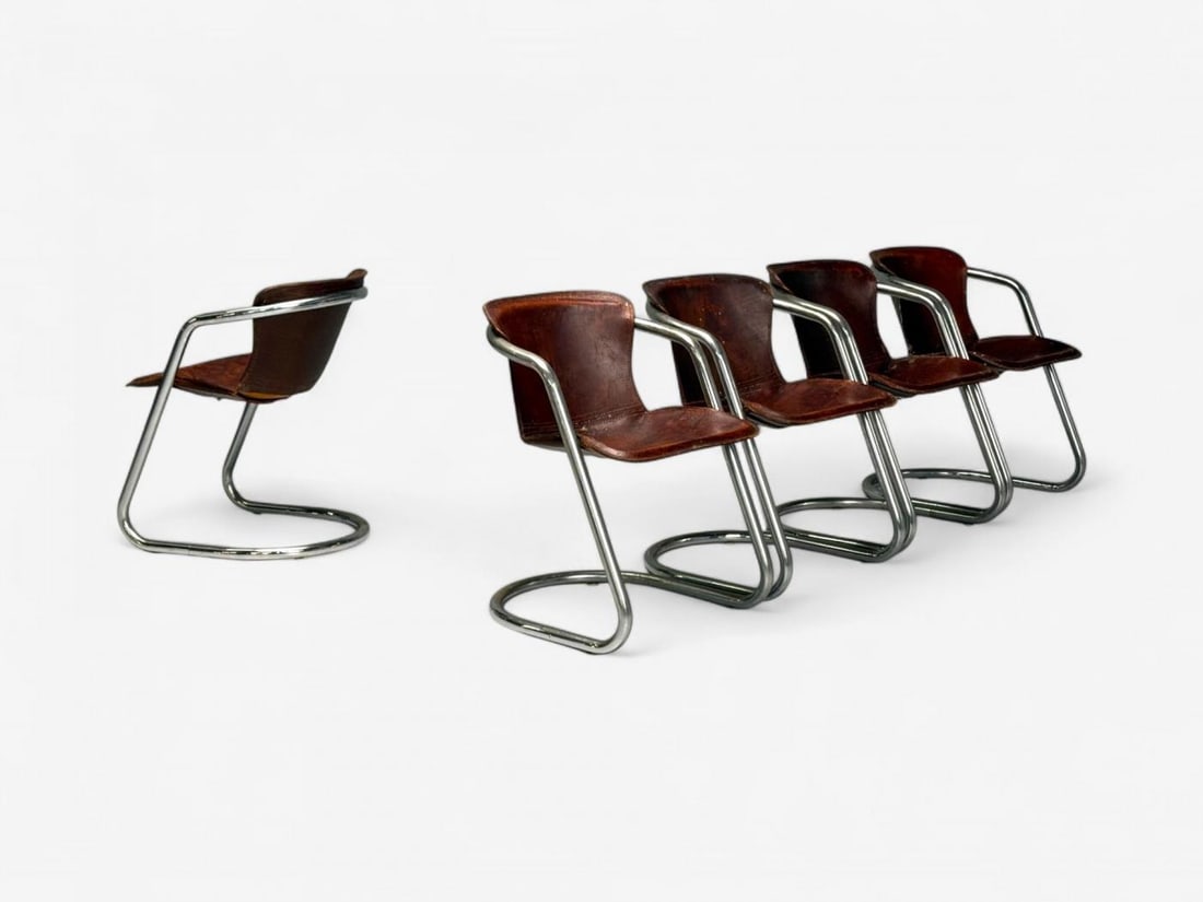 Willy Rizzo attr, Chromed Steel, Leather, Tubular Dining Chairs, Italy, 1970s - 5
