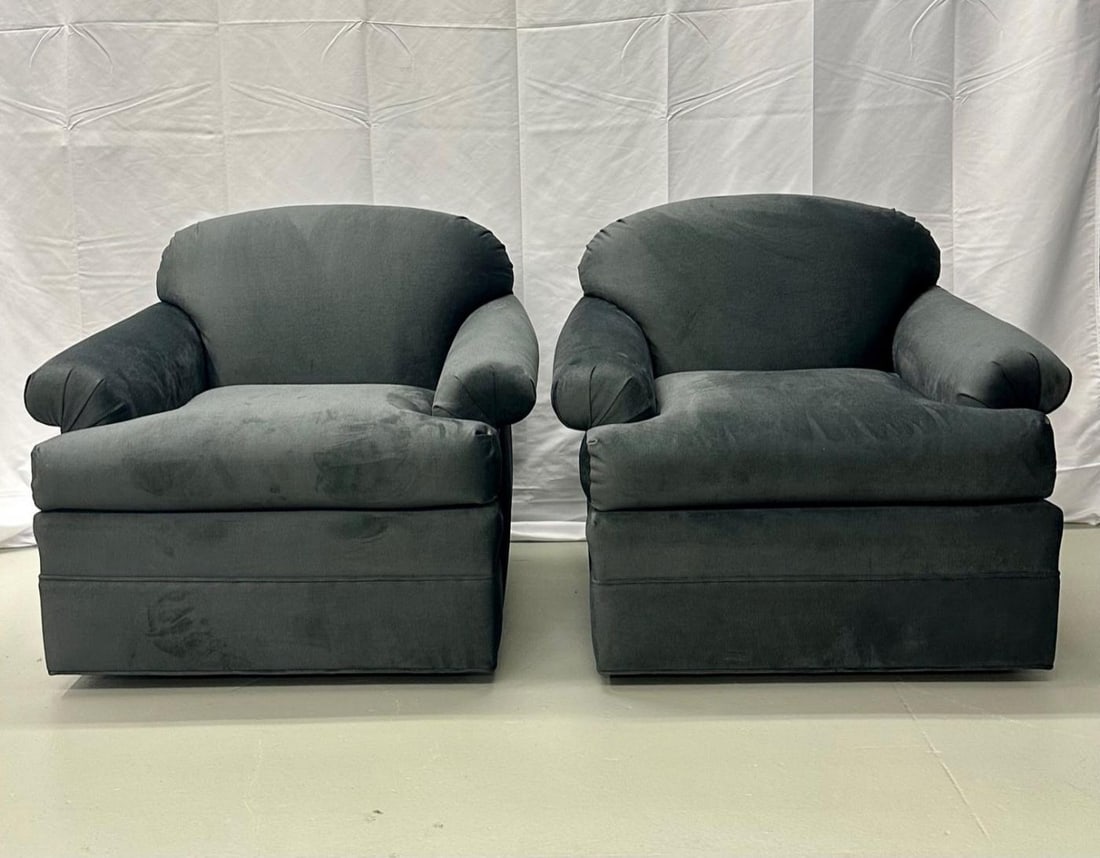Pair of American Mid-Century Modern Grey Swivel / Lounge Chairs, Scroll Arm - 3
