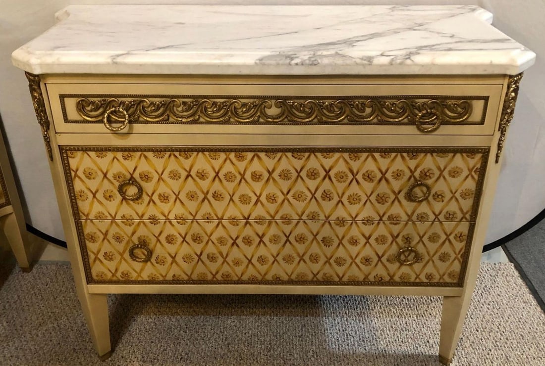 Hollywood Regency Maison Jansen Style Bronze Mounted Commodes Chests Nightstands - 10