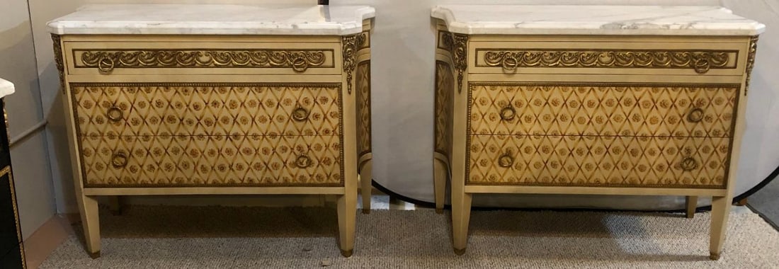 Hollywood Regency Maison Jansen Style Bronze Mounted Commodes Chests Nightstands - 5