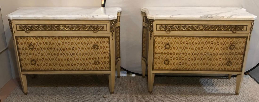 Hollywood Regency Maison Jansen Style Bronze Mounted Commodes Chests Nightstands - 8