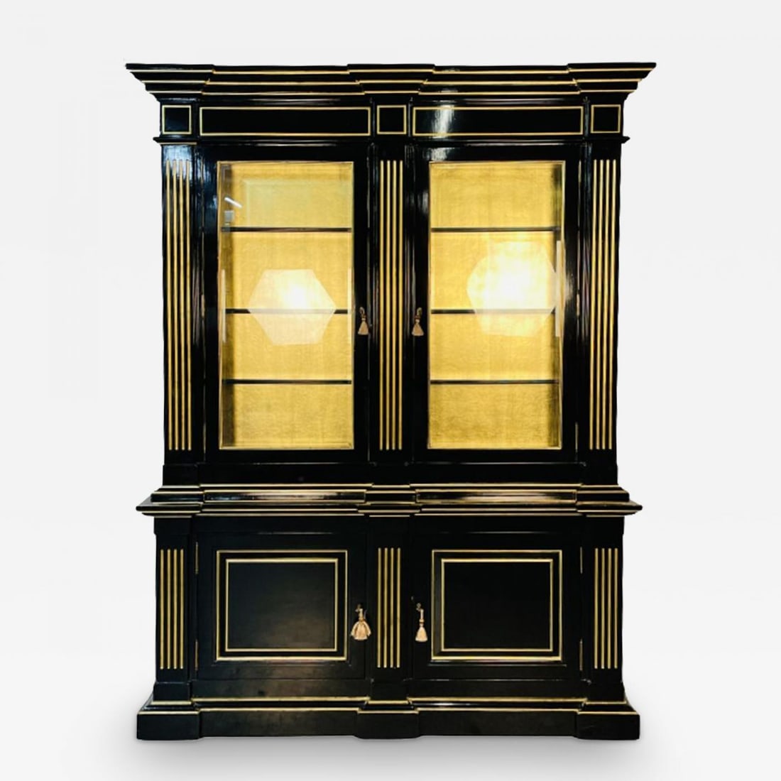 Hollywood Regency Maison Jansen Style Bookcase / Cabinet, Ebony, Gold Leaf - 2