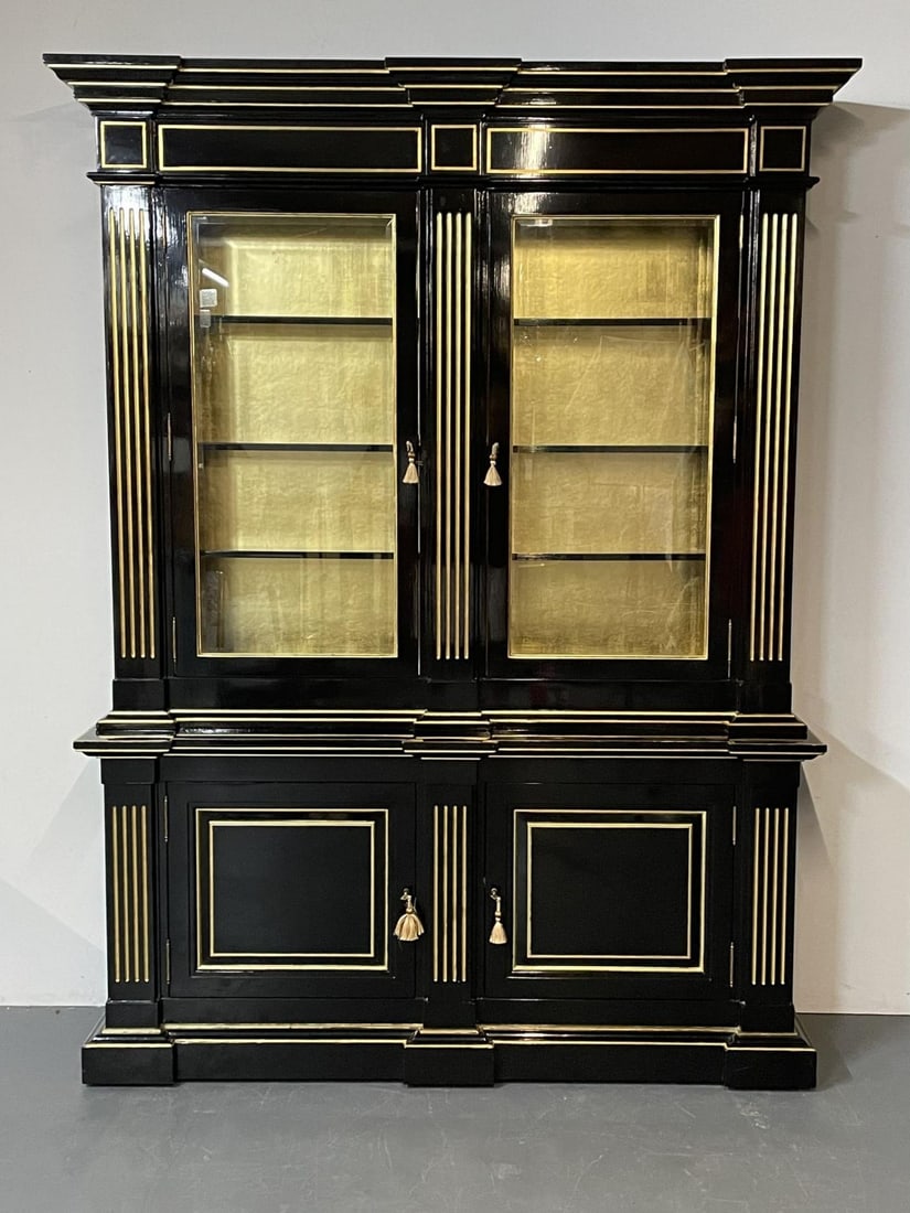 Hollywood Regency Maison Jansen Style Bookcase / Cabinet, Ebony, Gold Leaf - 5