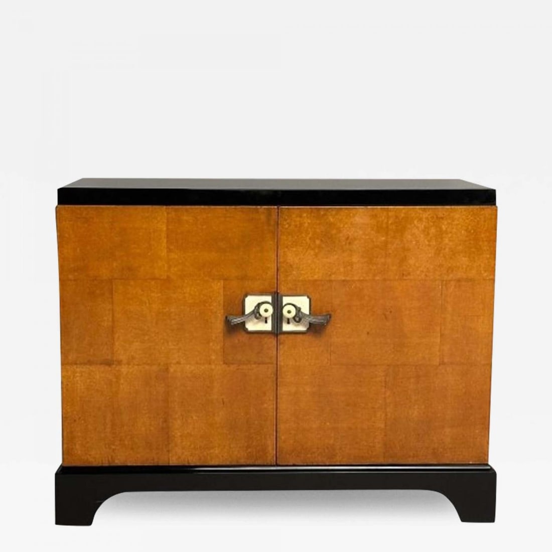 James Mont Style, Art Deco, Cabinet, Black Lacquer, Parquetry, France, 1930s: James Mont Style, Art Deco, Single Cabinet, Black Lacquer, Parquetry, France, 1930s A distinctive cabinet or nightstand on bracket style ebony bases supporting an open box case made of inlaid burlwood