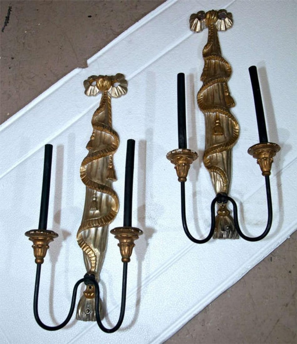 Pair of Dorothy Draper Style Gilded Wall Sconces - 3