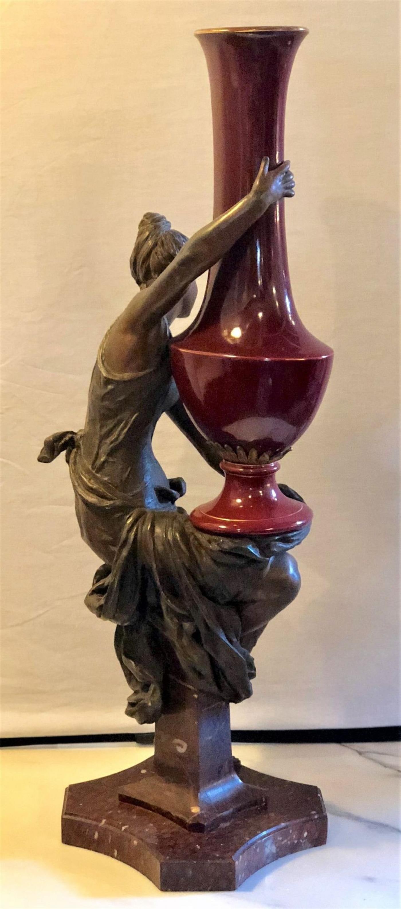 Spelter Figure of a Water Bearer on a Pedestal / Marble with Red Glazed Vase - 10