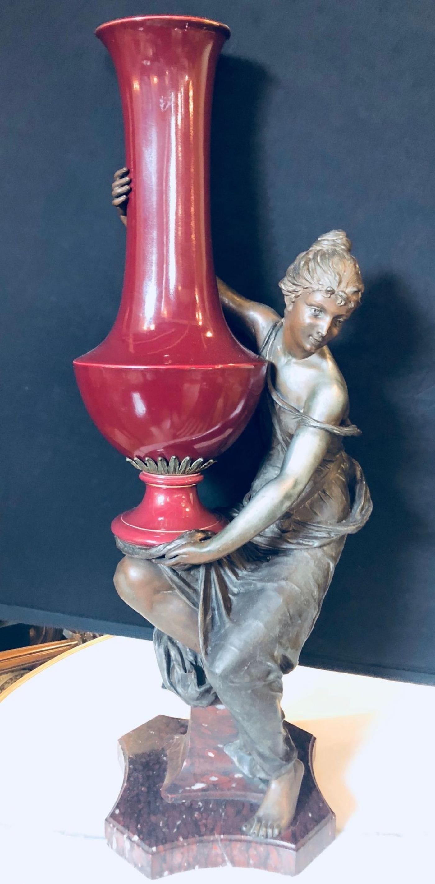 Spelter Figure of a Water Bearer on a Pedestal / Marble with Red Glazed Vase - 11