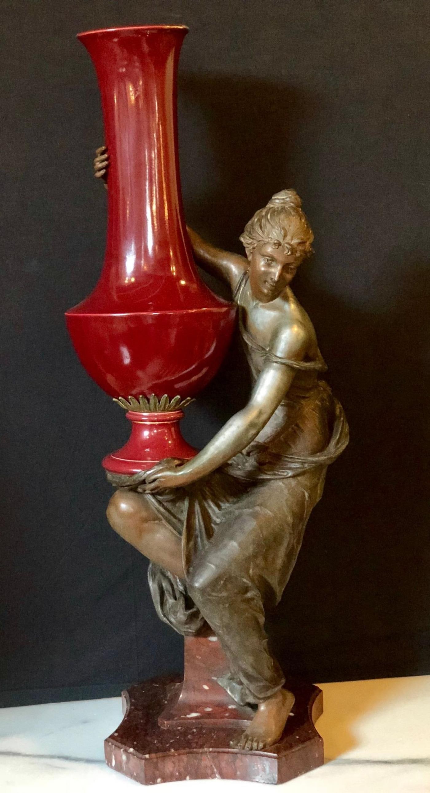 Spelter Figure of a Water Bearer on a Pedestal / Marble with Red Glazed Vase - 12