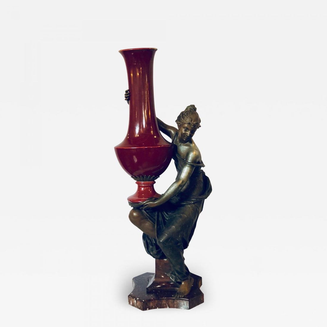 Spelter Figure of a Water Bearer on a Pedestal / Marble with Red Glazed Vase - 2